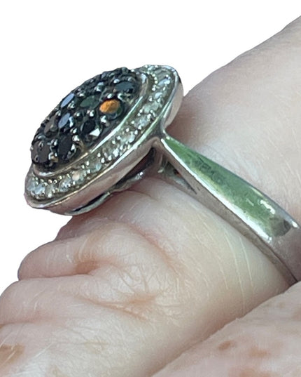 Authentic black & white diamond stunning sterling silver 925 fancy cluster ring