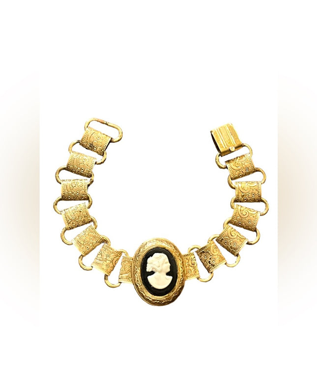 Vintage CORO etched bookchain celluloid cameo gold finish bracelet “antiqued”