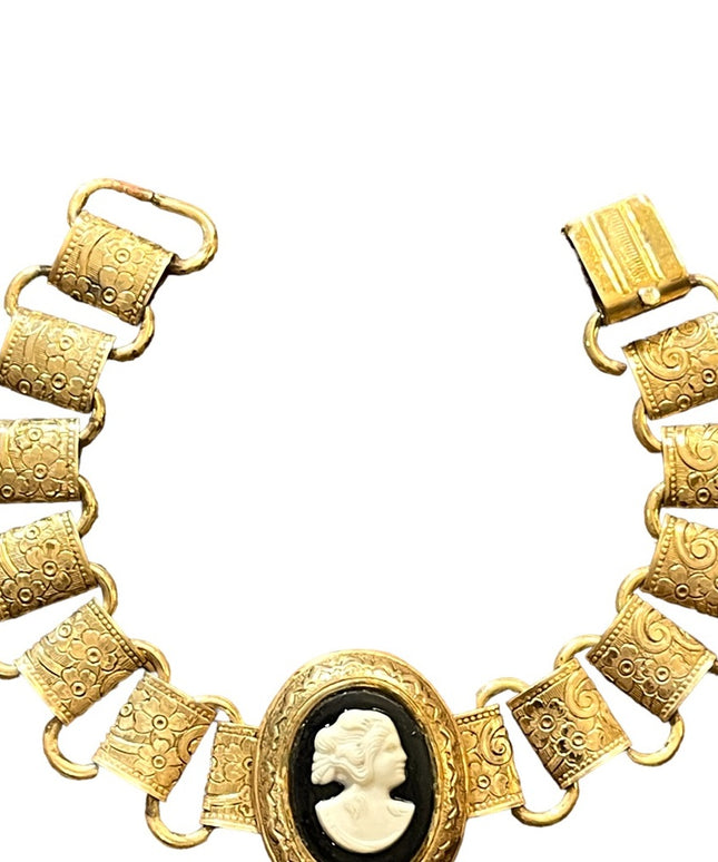 Vintage CORO etched bookchain celluloid cameo gold finish bracelet “antiqued”
