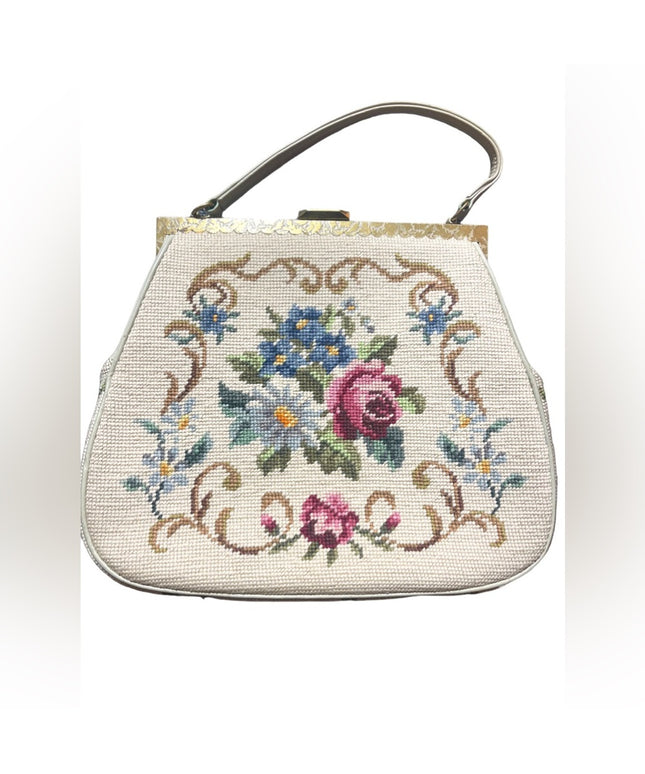 Vintage 1950s Large Needlepoint flowers purse handmade cream color Mid century