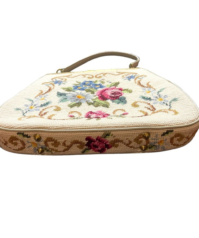 Vintage 1950s Large Needlepoint flowers purse handmade cream color Mid century