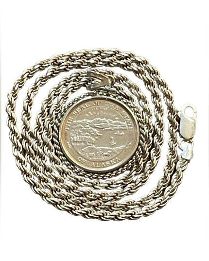 1996 Great seal of Alaska 999 Silver medal pendant & 925  rope sterling chain