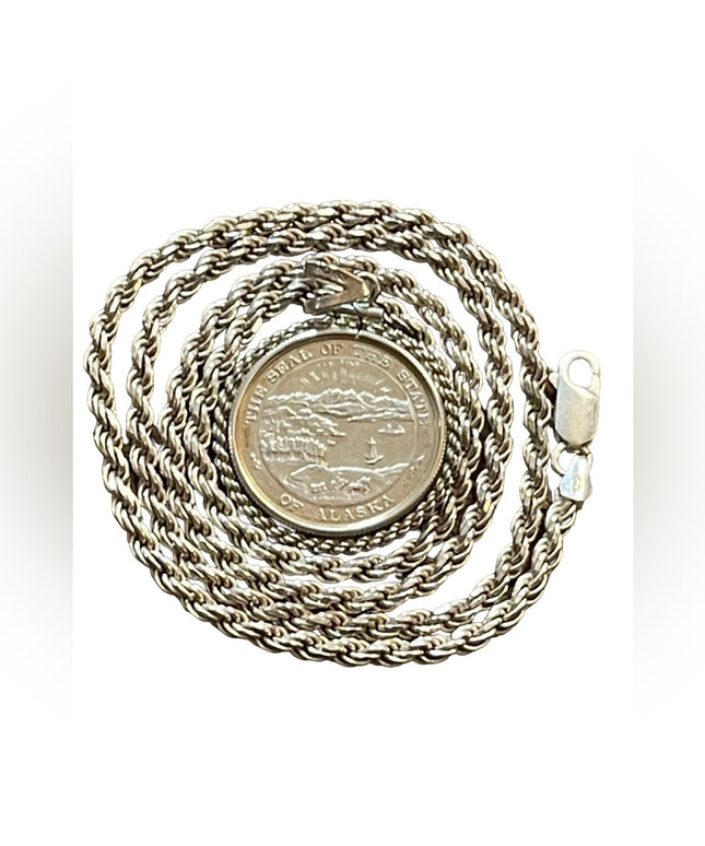 1996 Great seal of Alaska 999 Silver medal pendant & 925  rope sterling chain