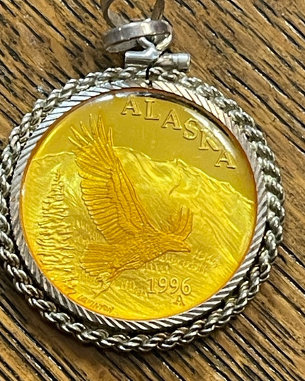 1996 Great seal of Alaska 999 Silver medal pendant & 925  rope sterling chain