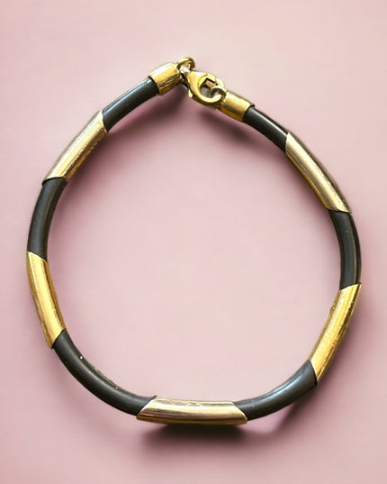 Lovely 14k Gold 585 Yellow and white black leather strap bracelet Italy