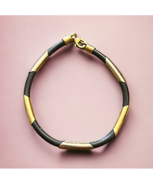Lovely 14k Gold 585 Yellow and white black leather strap bracelet Italy