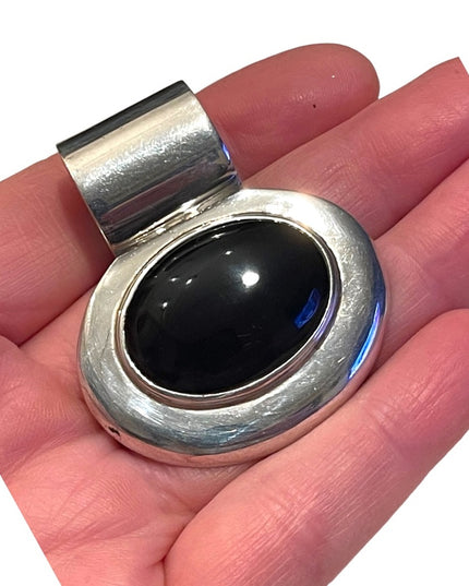 Heavy Vintage Black onyx & sterking silver Mexico large chunky necklace pendant