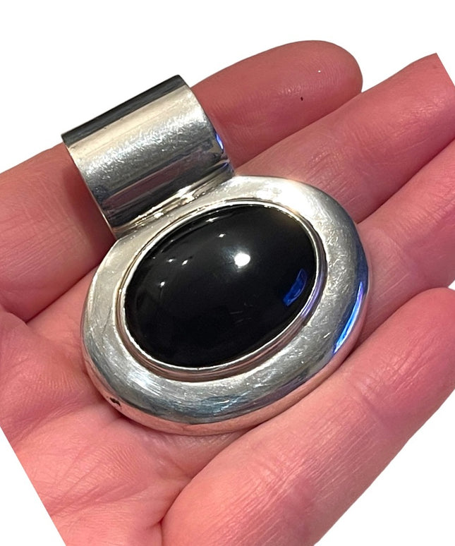 Heavy Vintage Black onyx & sterking silver Mexico large chunky necklace pendant