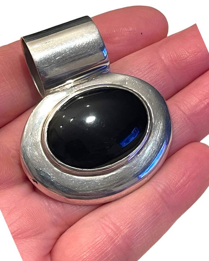 Heavy Vintage Black onyx & sterking silver Mexico large chunky necklace pendant