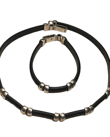 Lovely Sterling silver & Black leather HQ Necklace & bracelet set