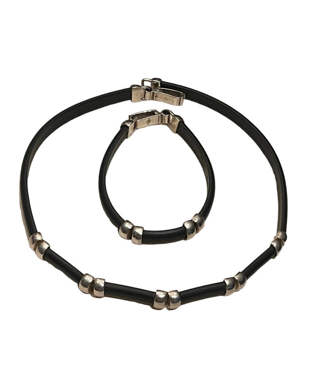 Lovely Sterling silver & Black leather HQ Necklace & bracelet set