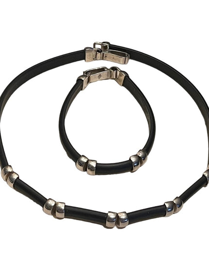 Lovely Sterling silver & Black leather HQ Necklace & bracelet set