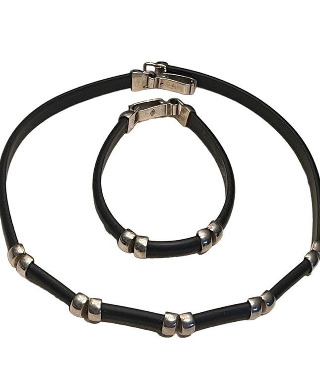 Lovely Sterling silver & Black leather HQ Necklace & bracelet set