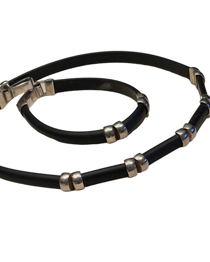 Lovely Sterling silver & Black leather HQ Necklace & bracelet set