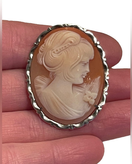 Lovely LARGE vintage sterling silver hand carved Italy Cameo lady brooch