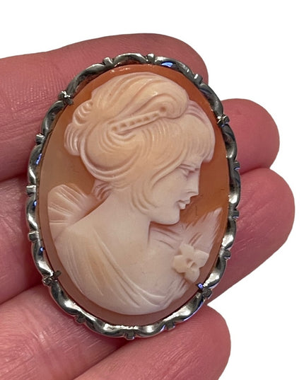 Lovely LARGE vintage sterling silver hand carved Italy Cameo lady brooch
