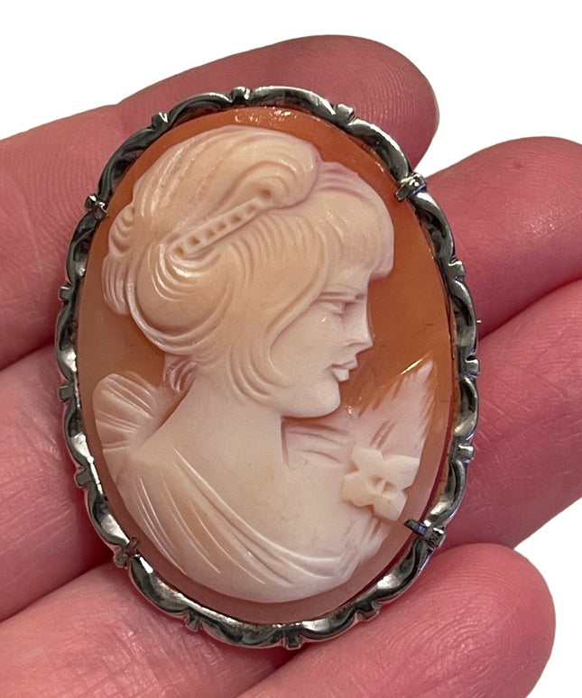 Lovely LARGE vintage sterling silver hand carved Italy Cameo lady brooch