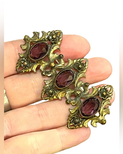 Antique Art Deco Brass ornate purple paste glass fancy brooch