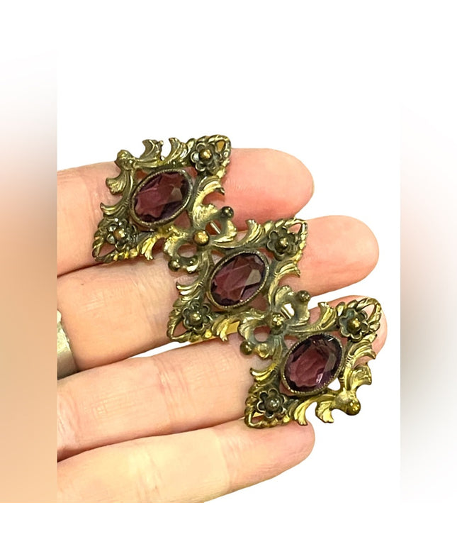Antique Art Deco Brass ornate purple paste glass fancy brooch