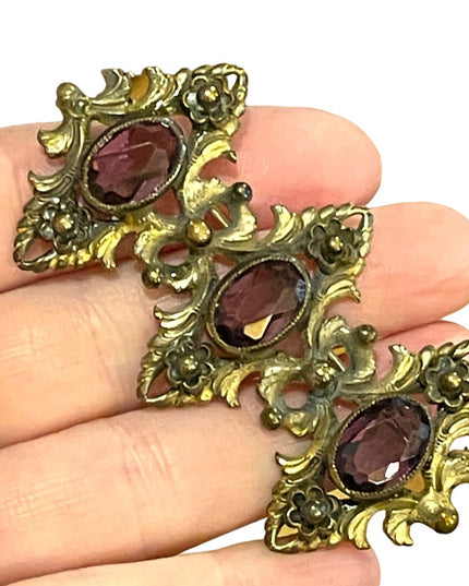 Antique Art Deco Brass ornate purple paste glass fancy brooch