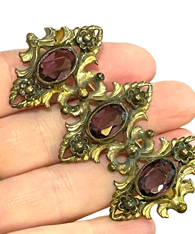 Antique Art Deco Brass ornate purple paste glass fancy brooch