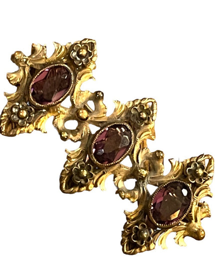 Antique Art Deco Brass ornate purple paste glass fancy brooch