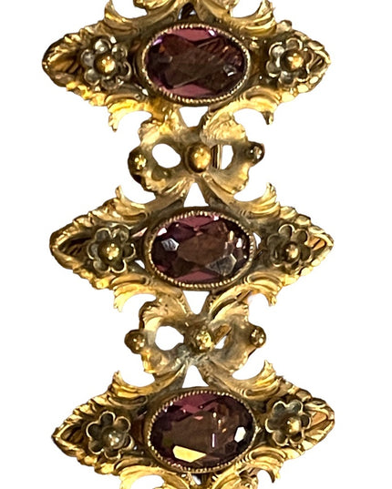Antique Art Deco Brass ornate purple paste glass fancy brooch
