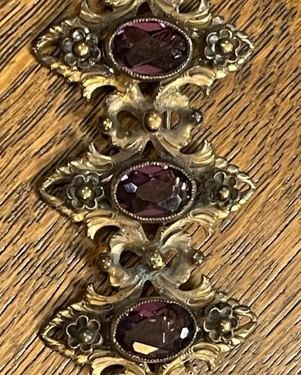 Antique Art Deco Brass ornate purple paste glass fancy brooch
