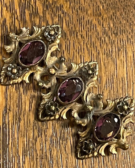 Antique Art Deco Brass ornate purple paste glass fancy brooch
