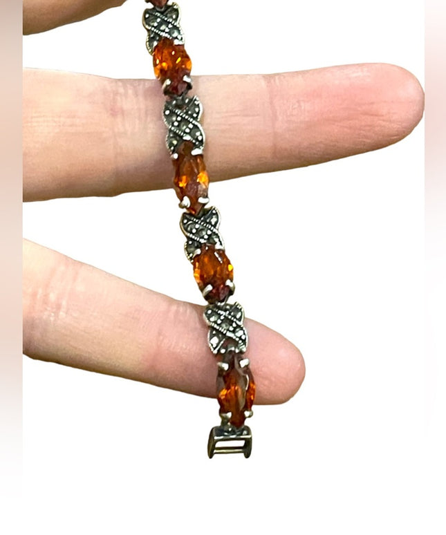 Stunning sterling silver marcasite amber crystal fancy 925 bracelet