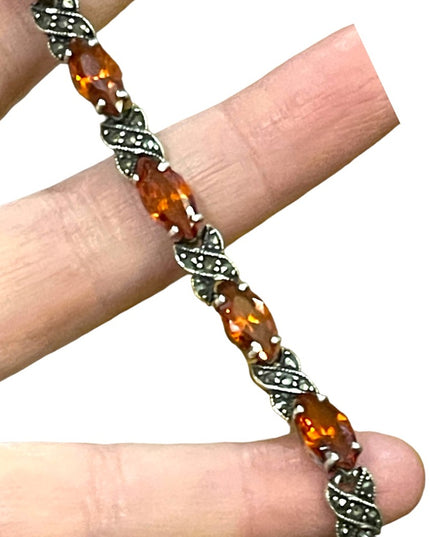 Stunning sterling silver marcasite amber crystal fancy 925 bracelet