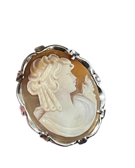 Lovely vintage 1970s Fancy sterling silver 925 Carved lady shell brooch pendant