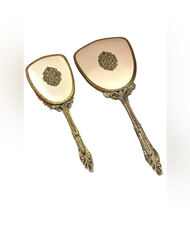 Vintage Antiqued Ormolu Brass heavy ornate metal Vanity set mirror brush