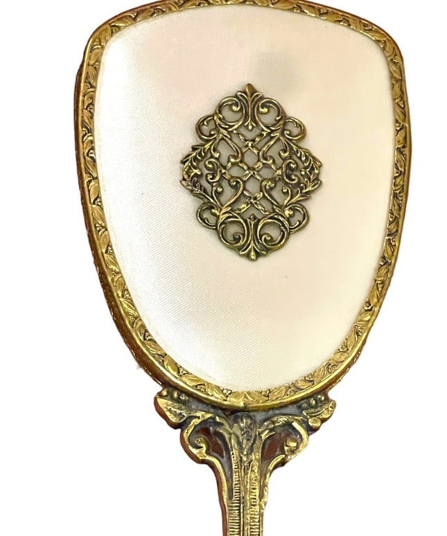 Vintage Antiqued Ormolu Brass heavy ornate metal Vanity set mirror brush
