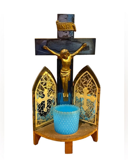 Antique 1920s/30s Triptych Mirrored glass wood Crucifix LAST RIGHTS candle vigil