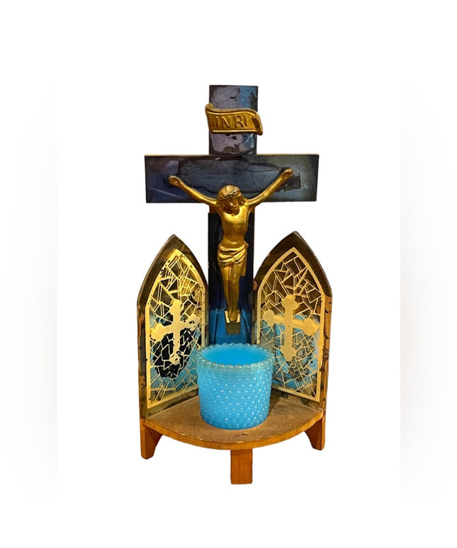 Antique 1920s/30s Triptych Mirrored glass wood Crucifix LAST RIGHTS candle vigil