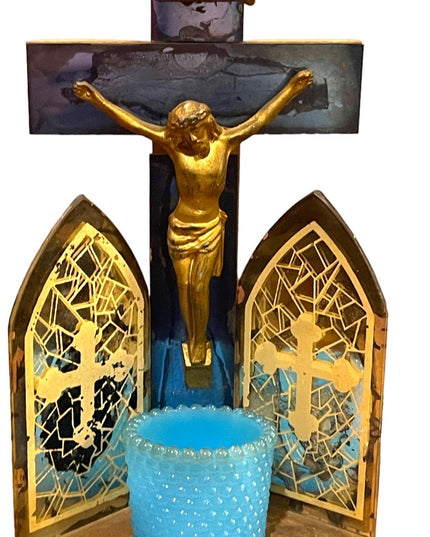Antique 1920s/30s Triptych Mirrored glass wood Crucifix LAST RIGHTS candle vigil