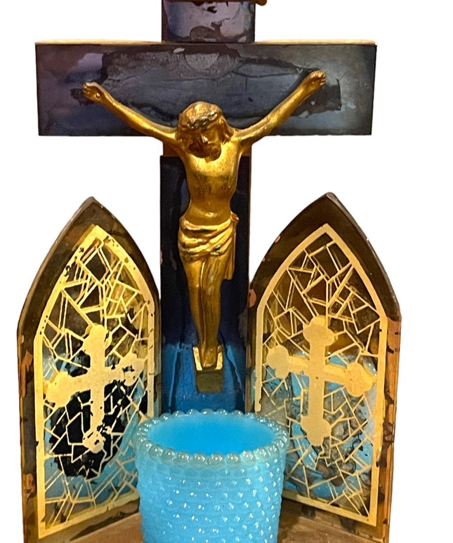 Antique 1920s/30s Triptych Mirrored glass wood Crucifix LAST RIGHTS candle vigil