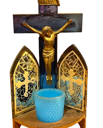 Antique 1920s/30s Triptych Mirrored glass wood Crucifix LAST RIGHTS candle vigil
