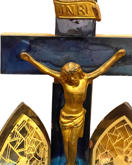 Antique 1920s/30s Triptych Mirrored glass wood Crucifix LAST RIGHTS candle vigil