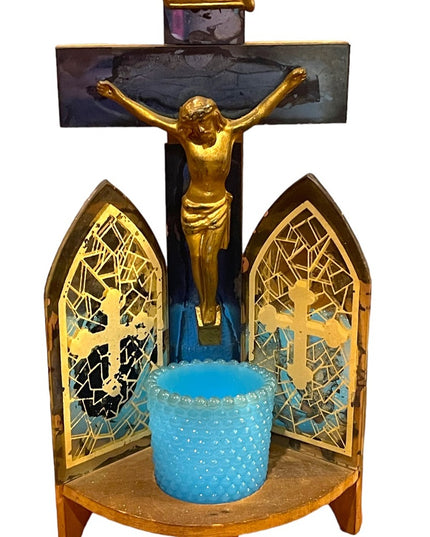 Antique 1920s/30s Triptych Mirrored glass wood Crucifix LAST RIGHTS candle vigil