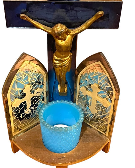 Antique 1920s/30s Triptych Mirrored glass wood Crucifix LAST RIGHTS candle vigil