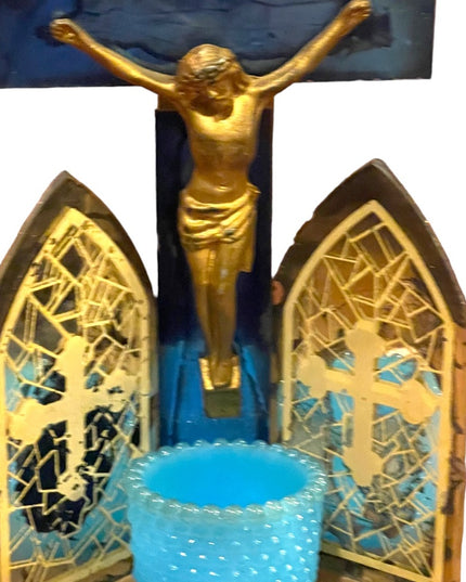 Antique 1920s/30s Triptych Mirrored glass wood Crucifix LAST RIGHTS candle vigil