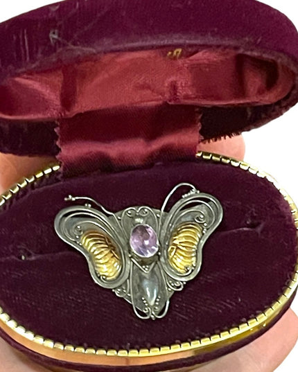Antique 1920s Art Deco Amethyst Sterling 925 & 14k gold Butterfly brooch