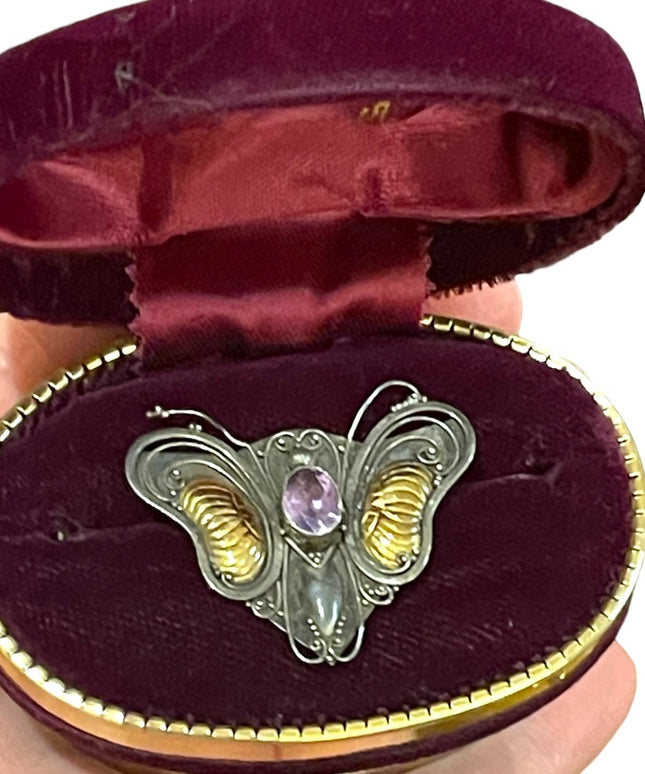 Antique 1920s Art Deco Amethyst Sterling 925 & 14k gold Butterfly brooch