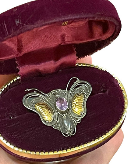 Antique 1920s Art Deco Amethyst Sterling 925 & 14k gold Butterfly brooch