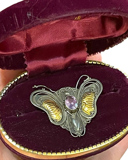 Antique 1920s Art Deco Amethyst Sterling 925 & 14k gold Butterfly brooch