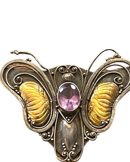 Antique 1920s Art Deco Amethyst Sterling 925 & 14k gold Butterfly brooch