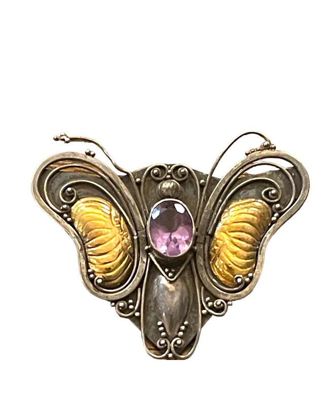 Antique 1920s Art Deco Amethyst Sterling 925 & 14k gold Butterfly brooch