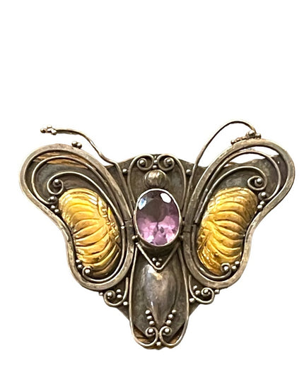 Antique 1920s Art Deco Amethyst Sterling 925 & 14k gold Butterfly brooch